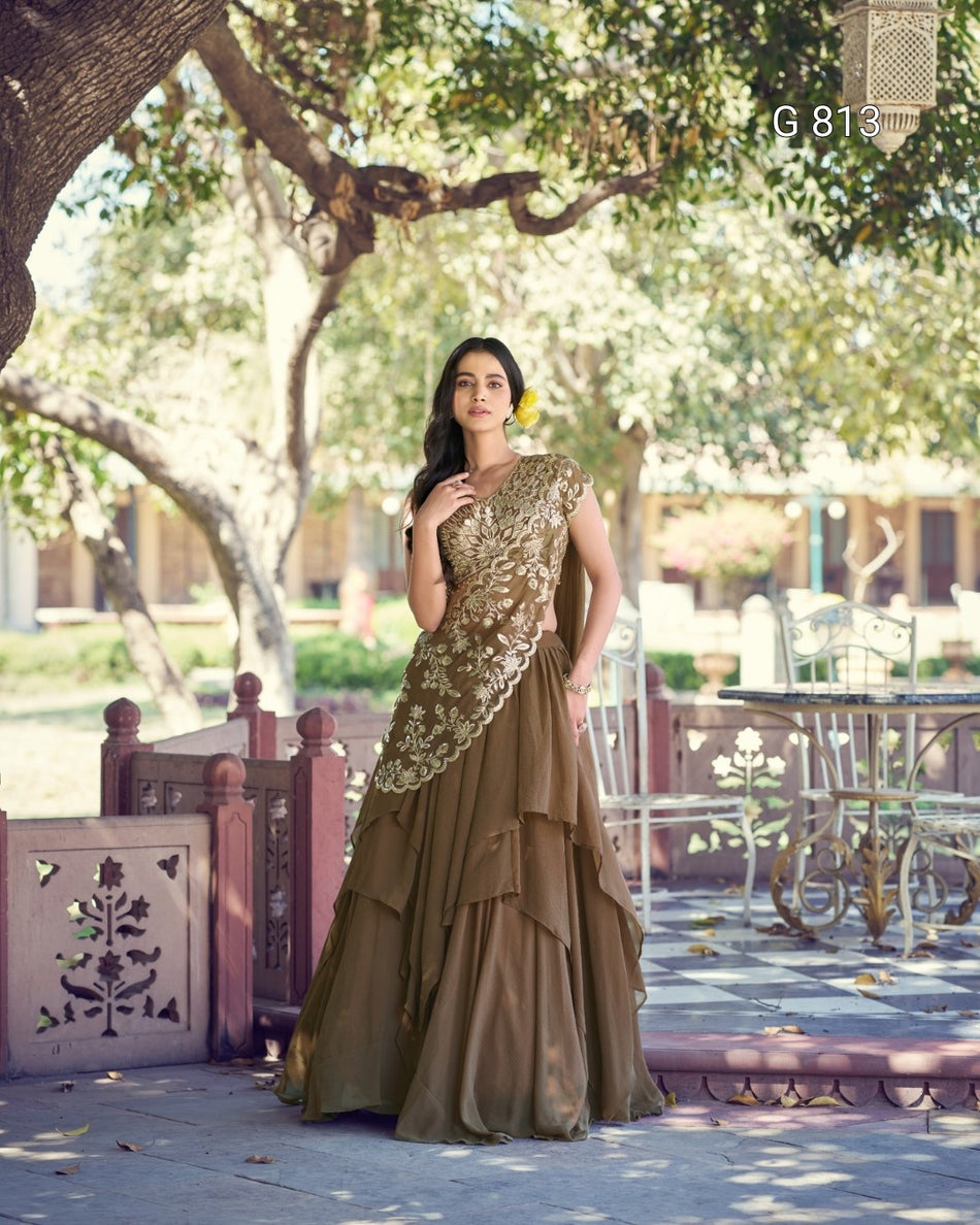 Woman in a traditional outfit standing outdoors with trees and chairs in the background