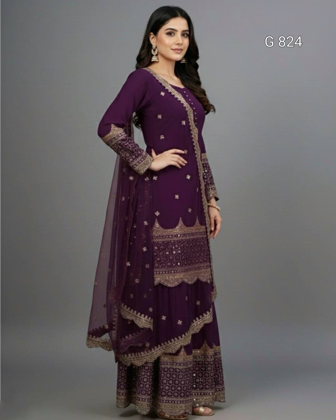 Woman wearing a purple traditional outfit with gold patterns on a gray background