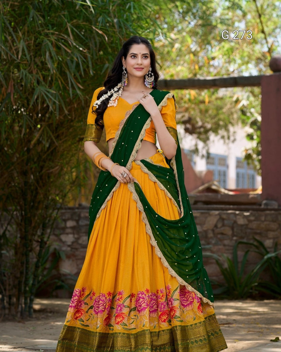Thread Embroidery Cotton Silk Lehenga with Zari Weaving – G 273