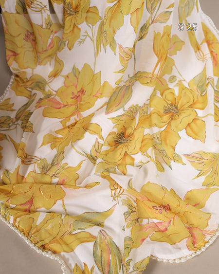 Floral fabric with yellow flowers on a white background