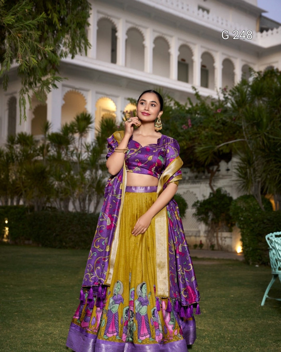 Kalamkari Printed Dola Silk Lehenga with Zari Weaving Border – G 248