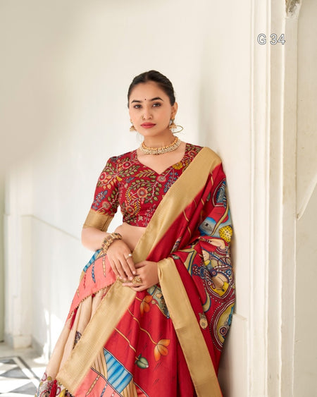 Woman in a traditional red and gold saree with a white background