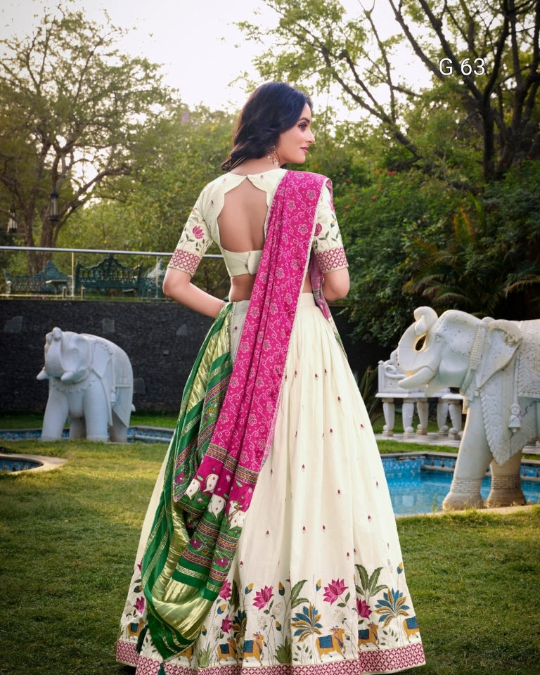 Khadi Cotton Lehenga with Sequins & Thread Embroidery