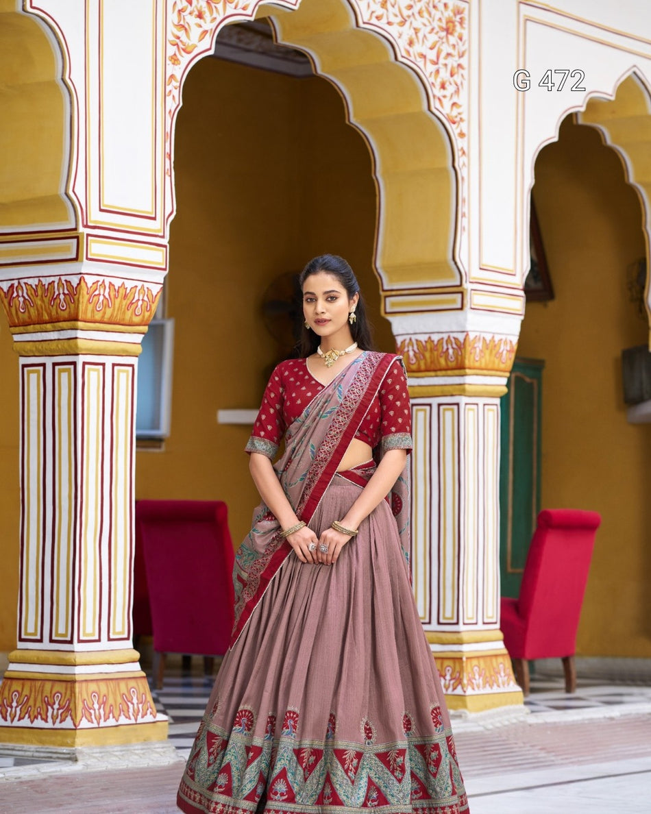 Designer Tasar Silk Lehenga with Print and Sparkle - G 472