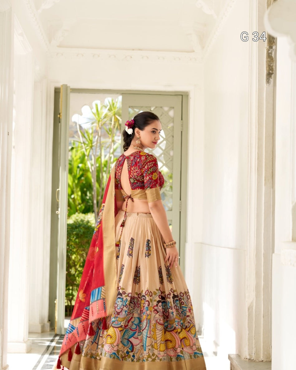 Woman in a traditional outfit standing in a bright room with a door open to a garden.