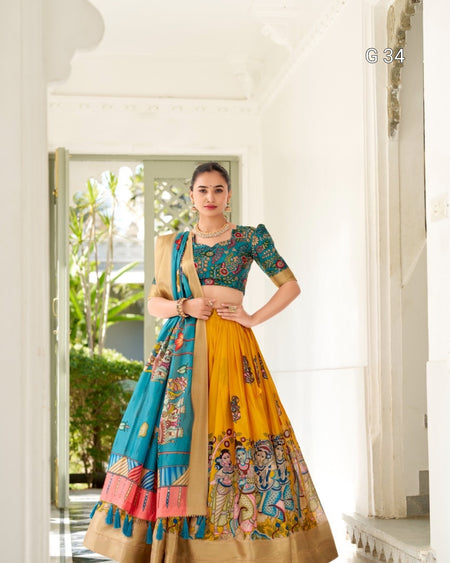 Woman wearing a colorful traditional outfit with a floral design in a bright room.