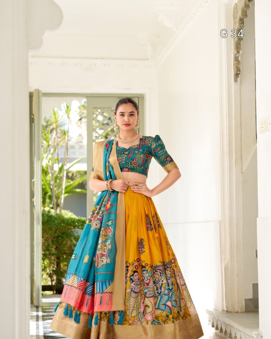 Woman wearing a colorful traditional outfit with a floral design in a bright room.